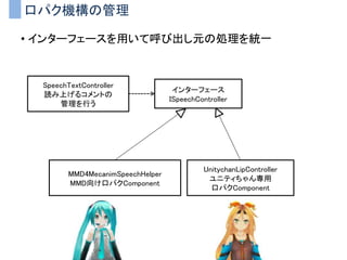 口パク機構の管理
• インターフェースを用いて呼び出し元の処理を統一
SpeechTextController
読み上げるコメントの
管理を行う
MMD4MecanimSpeechHelper
MMD向け口パクComponent
インターフェース
ISpeechController
UnitychanLipController
ユニティちゃん専用
口パクComponent
 