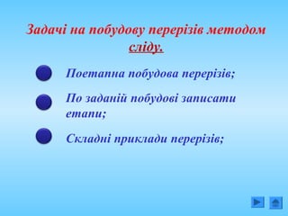Задачі на побудову перерізів методом
сліду.
Поетапна побудова перерізів;
По заданій побудові записати
етапи;
Складні приклади перерізів;
 