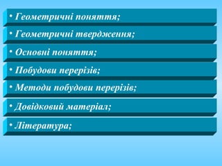 • Геометричні поняття;
• Геометричні твердження;
• Методи побудови перерізів;
• Довідковий матеріал;
• Література;
• Основні поняття;
• Побудови перерізів;
 