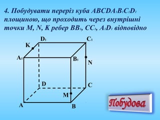4. Побудувати переріз куба АВСDА1В1С1D1
площиною, що проходить через внутрішні
точки M, N, K ребер BB1, CC1, A1D1 відповідно
А
C
B
D
А1
D1 C1
B1
K
N
M
 