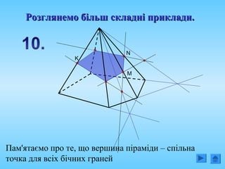 M
N
K
Пам'ятаємо про те, що вершина піраміди – спільна
точка для всіх бічних граней
Розглянемо більш складні приклади.Розглянемо більш складні приклади.
 