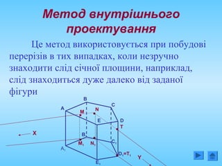 M
Метод внутрішнього
проектування
X
Y
A
A1
N
M1 N1
T
D1=T1
B
C
DE
E1
C1
B1
Це метод використовується при побудові
перерізів в тих випадках, коли незручно
знаходити слід січної площини, наприклад,
слід знаходиться дуже далеко від заданої
фігури
 