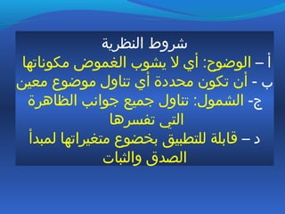 ‫النظرية‬ ‫شروط‬
– ‫أ‬‫مكوناتها‬ ‫الغموض‬ ‫يشوب‬ ‫ل‬ ‫أي‬ :‫الوضوح‬
- ‫ب‬‫معين‬ ‫موضوع‬ ‫تناول‬ ‫أي‬ ‫محددة‬ ‫تكون‬ ‫أن‬
-‫ج‬‫الظاهرة‬ ‫تجوانب‬ ‫تجميع‬ ‫تناول‬ :‫الشمول‬
‫تفسرها‬ ‫التي‬
– ‫د‬‫لمبدأ‬ ‫متغيراتها‬ ‫بخضوع‬ ‫للتطبيق‬ ‫قابلة‬
‫والثبات‬ ‫الصدق‬
 