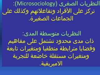 ) ‫الصغرى‬ ‫النظريات‬Microsociology:(
‫على‬ ‫وكذلك‬ ‫وتفاعلتهم‬ ‫الفراد‬ ‫على‬ ‫تركز‬
.‫الصغيرة‬ ‫الجماعات‬
:‫المدى‬ ‫متوسطة‬ ‫النظريات‬
‫مفاهيم‬ ‫على‬ ‫تشتمل‬ ‫محدود‬ ‫مدى‬ ‫ذات‬
‫تابعة‬ ‫ومتغيرات‬ ‫منطقيا‬ ‫مترابطة‬ ‫وقضايا‬
‫للتجربة‬ ‫خاضعة‬ ‫مستقلة‬ ‫ومتغيرات‬
.‫المبريقية‬
 
