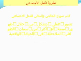 ‫التجتماعي‬ ‫الفعل‬ ‫نظرية‬
‫فيبر‬ ‫كس‬ ‫ما‬
‫الفاعل‬ ‫عليه‬ ‫يضفي‬ ‫انساني‬ ‫سلوك‬ ‫أي‬ ‫التجتماعي‬ ‫الفعل‬
‫ذاتيا‬ ‫حمعنى‬
‫التجتماعي‬ ‫للفعل‬ ‫والمثالي‬ ‫الخالص‬ ‫نموذج‬ ‫قدم‬
‫جتصور‬‫عقلي‬‫يتشكل‬‫من‬‫خلل‬‫ظه‬
‫ور‬‫بسمة‬‫أو‬‫أكثر‬‫من‬‫بسمات‬‫الظو‬
‫اهر‬‫الملحظة‬‫في‬‫الحياة‬‫الواقعية‬
 