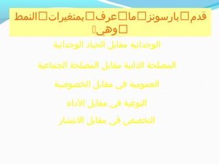 ‫الخصوصية‬ ‫مقابل‬ ‫في‬ ‫العمومية‬
‫الوتجدانية‬ ‫الحياد‬ ‫مقابل‬ ‫الوتجدانية‬
‫الجماعية‬ ‫المصلحة‬ ‫مقابل‬ ‫الذاجتية‬ ‫المصلحة‬
‫الداء‬ ‫مقابل‬ ‫في‬ ‫النوعية‬
‫النتشار‬ ‫مقابل‬ ‫في‬ ‫التخصص‬
‫قدم‬‫باربسونز‬‫ما‬‫عرف‬‫بمتغيرات‬‫النمط‬
‫وهي‬
 