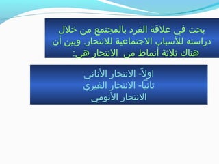 ‫خلل‬ ‫من‬ ‫بالمجتمع‬ ‫الفرد‬ ‫علقة‬ ‫في‬ ‫بحث‬
‫أن‬ ‫وبين‬ .‫للنتحار‬ ‫التجتماعية‬ ‫للبسباب‬ ‫درابسته‬
:‫هي‬ ‫النتحار‬ ‫من‬ ‫أنماط‬ ‫ثلثة‬ ‫هناك‬
‫الناني‬ ‫النتحار‬ - ‫لا‬ً-  ‫او‬
‫الغيري‬ ‫النتحار‬ - ‫ثانياا‬
‫النومي‬ ‫النتحار‬
 