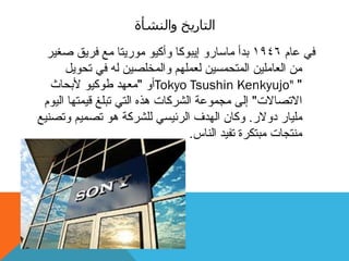 ‫والنشأة‬ ‫التاريخ‬
‫ػبو‬ ٙ‫ف‬1946‫ثذأ‬ٔ‫يبعبس‬‫إٚجٕكب‬ٕٛ‫ٔأك‬‫صغٛش‬ ‫فشٚك‬ ‫يغ‬ ‫يٕسٚزب‬
‫رذٕٚم‬ ٙ‫ف‬ ّ‫ن‬ ٍٛ‫ٔانًخهص‬ ‫نؼًهٓى‬ ٍٛ‫انًزذًغ‬ ٍٛ‫انؼبيه‬ ٍ‫ي‬
"Tokyo Tsushin Kenkyujo"ٔ‫أ‬"‫ألثذبس‬ ٕٛ‫طٕك‬ ‫يؼٓذ‬
‫االرصبالد‬"‫انٕٛو‬ ‫لًٛزٓب‬ ‫رجهغ‬ ٙ‫انز‬ ِ‫ْز‬ ‫انششكبد‬ ‫يجًٕػخ‬ ٗ‫إن‬
‫دٔالس‬ ‫يهٛبس‬.‫ٔرصُٛغ‬ ‫رصًٛى‬ ْٕ ‫نهششكخ‬ ٙ‫انشئٛغ‬ ‫انٓذف‬ ٌ‫ٔكب‬
‫انُبط‬ ‫رفٛذ‬ ‫يجزكشح‬ ‫يُزجبد‬.
 