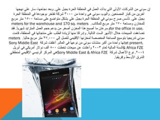ٙ‫ػه‬ ‫ثججم‬ ‫انذشح‬ ‫انًُطمخ‬ ٙ‫ف‬ ‫انؼًم‬ ‫ثذأد‬ ٙ‫انز‬ ٗ‫األٔن‬ ‫انششكبد‬ ٍ‫ي‬ َٕٙ‫ع‬ ٌ‫إ‬.‫َٓجٓب‬ ٙ‫ػه‬ ‫عبس‬ ،‫َجبدٓب‬ ‫ٔثؼذ‬
ٍٛ‫انًصُؼ‬ ‫كجبس‬ ٍ‫ي‬ ٍٚ‫آخش‬.‫ٔانٕٛو‬،ٍ‫ي‬ ‫ٔادذح‬ ْٙ َٕٙ‫ع‬3000‫انذشح‬ ‫انًُطمخ‬ ٙ‫ف‬ ‫ثٕجٕدْب‬ ‫رفزخش‬ ‫ششكخ‬
ٙ‫ػه‬ ‫ثججم‬.‫يغبدخ‬ ٗ‫ػه‬ ‫يزٕاضغ‬ ‫ثشكم‬ ٙ‫ػه‬ ‫ثججم‬ ‫انذشح‬ ‫انًُطمخ‬ ٙ‫ف‬ َٕٙ‫ع‬ ‫صشح‬ ‫رؤعظ‬1500‫يشثغ‬ ‫يزش‬
‫ٔيغبدخ‬ ٌ‫نهًخبص‬170‫نهًكبرت‬ ‫يشثغ‬ ‫يزش‬.meters for the warehouse and 170 sq. meters
for the office in use.ً‫ب‬ٚ‫شٓش‬ ‫انًزضاٚذ‬ ‫انؼًم‬ ‫دجى‬ ‫ٚذػى‬ ٍ‫ي‬ ‫أصغش‬ ٌ‫انًخض‬ ‫ْزا‬ ‫أصجخ‬ ‫يب‬ ٌ‫ٔعشػب‬.‫فمذ‬
‫انزبنٛخ‬ ‫انغذ‬ ‫األشٓش‬ ‫خالل‬ ‫انًجٛؼبد‬ ‫رضبػفذ‬.‫لبيذ‬ ،‫انًُطمخ‬ ٙ‫ف‬ ‫يُزجبرٓب‬ ٗ‫ػه‬ ‫انطهت‬ ‫نضٚبدح‬ ‫يُٓب‬ ‫ٔإدساكب‬
ٙ‫إن‬ ‫نزصم‬ ًٙٛ‫اإلله‬ ‫نًخضَٓب‬ ‫انًخصصخ‬ ‫انًغبدخ‬ ‫ثزٕعٛغ‬ ‫رذسٚجٛب‬ َٕٙ‫ع‬27.000‫دبنٛب‬ ‫يشثغ‬ ‫يزش‬.meters
at present.‫انؼبنى‬ ٙ‫ف‬ ‫َٕػٓب‬ ٍ‫ي‬ َٕٙ‫ع‬ ‫يُشآد‬ ‫أكجش‬ ٍ‫ي‬ ‫ٔادذح‬ ‫إَٓب‬.‫ششكخ‬ ‫أغهمذ‬Sony Middle East
& Africa FZE‫نؼبو‬ ‫انًبنٛخ‬ ‫انغُخ‬2003‫رخطذ‬ ‫يجٛؼبد‬ ٍ‫ػ‬ ‫ٔأػهُذ‬800‫أثشٚم‬ ٙ‫ف‬ ٙ‫أيشٚك‬ ‫دٔالس‬ ‫أنف‬
2004.‫ششكخ‬ ‫األػًبل‬ ‫َٕع‬Sony Middle East & Africa FZEٙ‫نًُطمز‬ ًٙٛ‫اإلله‬ ٙ‫انشئٛغ‬ ‫انًشكض‬ ْٙ
‫ٔإفشٚمٛب‬ ‫األٔعط‬ ‫انششق‬.
 