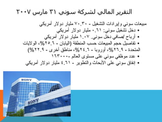 ‫سوني‬ ‫لشركة‬ ‫المالي‬ ‫التقرير‬31‫مارس‬2007
‫انزشغٛم‬ ‫ٔإٚشاداد‬ َٕٙ‫ع‬ ‫يجٛؼبد‬-70.30ٙ‫أيشٚك‬ ‫دٔالس‬ ‫يهٛبس‬
•َٕٙ‫ع‬ ‫رشغٛم‬ ‫دخم‬:0.61ٙ‫أيشٚك‬ ‫دٔالس‬ ‫يهٛبس‬
•‫أسثبح‬/َٕٙ‫ع‬ ‫دخم‬ ٙ‫صبف‬.1.07ٙ‫أيشٚك‬ ‫دٔالس‬ ‫يهٛبس‬
•‫انًُطمخ‬ ‫دغت‬ ‫انًجٛؼبد‬ ‫دجى‬ ‫رفبصٛم‬(ٌ‫انٛبثب‬-25.6%‫انٕالٚبد‬ ،
‫انًزذذح‬-26.9%‫أٔسٔثب‬ ،-24.6%ٖ‫أخش‬ ‫يُبطك‬ ،-22.9)%
•‫انؼبنى‬ ٖٕ‫يغز‬ ٗ‫ػه‬ َٕٙ‫ع‬ ٙ‫يٕظف‬ ‫ػذد‬-163000
•‫ٔانزطٕٚش‬ ‫األثذبس‬ ٗ‫ػه‬ َٕٙ‫ع‬ ‫إَفبق‬-4.61ٙ‫أيشٚك‬ ‫دٔالس‬ ‫يهٛبس‬
 