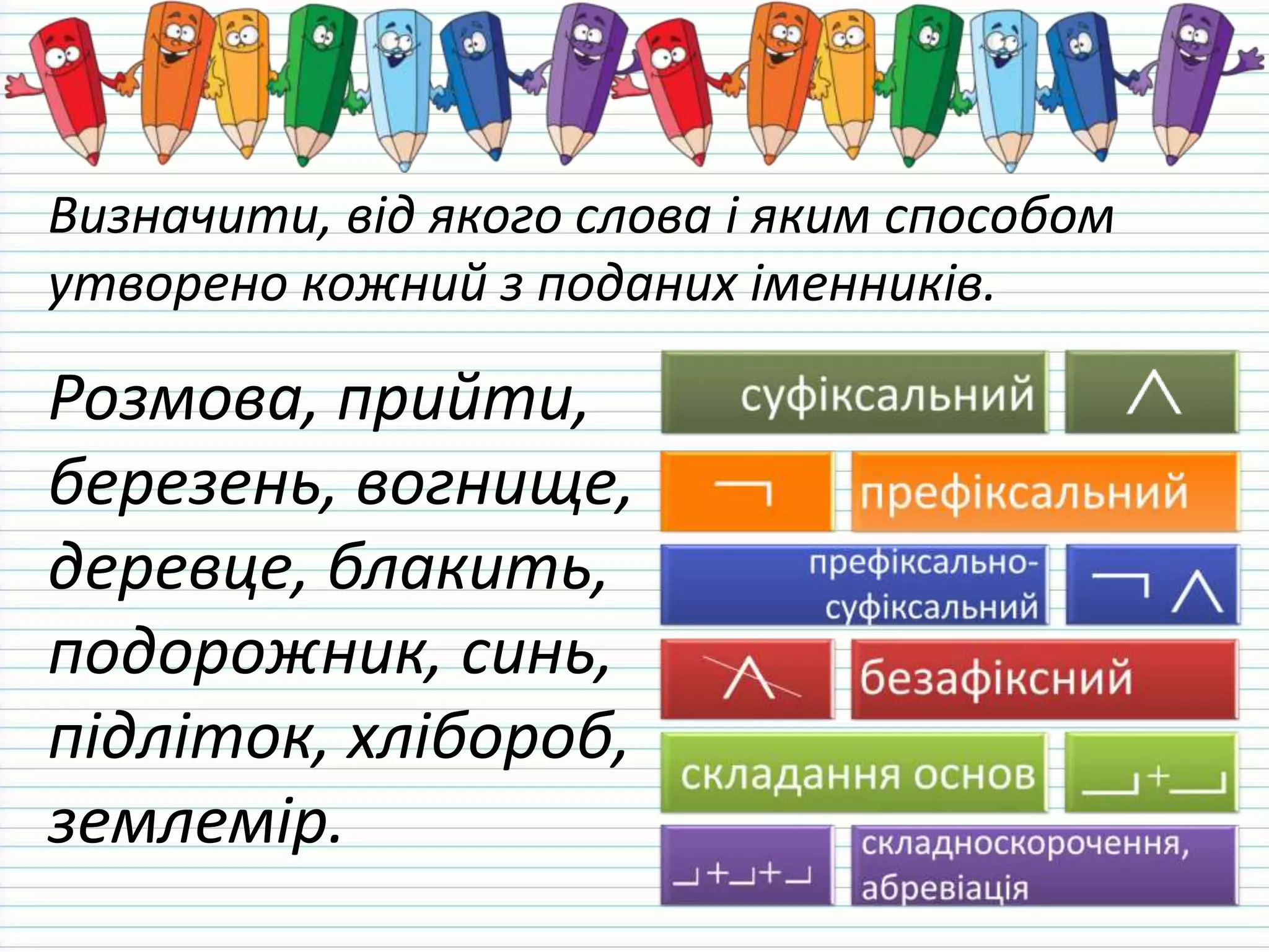 Визначити, від якого слова і яким способом
утворено кожний з поданих іменників.
Розмова, прийти,
березень, вогнище,
деревце, блакить,
подорожник, синь,
підліток, хлібороб,
землемір.
 