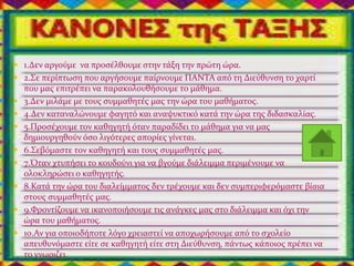  1.Δεν αργούμε να προσέλθουμε στην τάξη την πρώτη ώρα.
 2.Σε περίπτωση που αργήσουμε παίρνουμε ΠΑΝΤΑ από τη Διεύθυνση το χαρτί
που μας επιτρέπει να παρακολουθήσουμε το μάθημα.
 3.Δεν μιλάμε με τους συμμαθητές μας την ώρα του μαθήματος.
 4.Δεν καταναλώνουμε φαγητό και αναψυκτικό κατά την ώρα της διδασκαλίας.
 5.Προσέχουμε τον καθηγητή όταν παραδίδει το μάθημα για να μας
δημιουργηθούν όσο λιγότερες απορίες γίνεται.
 6.Σεβόμαστε τον καθηγητή και τους συμμαθητές μας.
 7.Όταν χτυπήσει το κουδούνι για να βγούμε διάλειμμα περιμένουμε να
ολοκληρώσει ο καθηγητής.
 8.Κατά την ώρα του διαλείμματος δεν τρέχουμε και δεν συμπεριφερόμαστε βίαια
στους συμμαθητές μας.
 9.Φροντίζουμε να ικανοποιήσουμε τις ανάγκες μας στο διάλειμμα και όχι την
ώρα του μαθήματος.
 10.Αν για οποιοδήποτε λόγο χρειαστεί να αποχωρήσουμε από το σχολείο
απευθυνόμαστε είτε σε καθηγητή είτε στη Διεύθυνση, πάντως κάποιος πρέπει να
το γνωριζει.
 