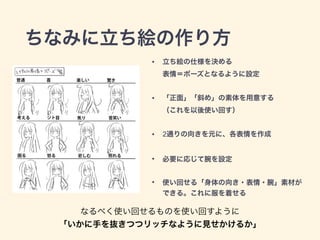 ちなみに立ち絵の作り方
• 立ち絵の仕様を決める 
表情＝ポーズとなるように設定
• 「正面」「斜め」の素体を用意する 
（これを以後使い回す）
• 2通りの向きを元に、各表情を作成
• 必要に応じて腕を設定
• 使い回せる「身体の向き・表情・腕」素材が
できる。これに服を着せる
なるべく使い回せるものを使い回すように
「いかに手を抜きつつリッチなように見せかけるか」
 