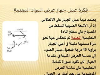 ‫المعتمة‬ ‫المواد‬ ‫عرض‬ ‫جهاز‬ ‫عمل‬ ‫فكرة‬
‫االنعك‬ ‫علي‬ ‫الجهاز‬ ‫عمل‬ ‫مبدأ‬ ‫يعتمد‬‫اس‬
‫من‬ ‫تسقط‬ ‫الضوئية‬ ‫األشعة‬ ‫أن‬ ‫إذ‬
‫املادة‬ ‫سطح‬ ‫علي‬ ‫املصباح‬
‫التعليمية‬‫املعتمة‬‫عن‬‫تنعكس‬ ‫ثم‬‫نحو‬ ‫ها‬
‫الجه‬ ‫أعلي‬ ‫في‬ ‫مثبتة‬ ‫مستوية‬ ‫مرآة‬‫از‬
‫بزاوية‬45‫الضوء‬ ‫مسار‬ ‫ل‬‫فتحو‬ ‫جة‬‫ر‬‫د‬
‫مقدم‬ ‫في‬ ‫املثبتة‬ ‫العرض‬‫عدسة‬ ‫إلي‬‫ة‬
‫للمادة‬ ‫ة‬‫ر‬‫صو‬ ‫ن‬‫تكو‬ ‫التي‬ ‫الجهاز‬
‫العرض‬ ‫شاشة‬‫علي‬ ‫التعليمية‬
‫الجهاز‬ ‫من‬ ‫أمتار‬ ‫بعد‬ ‫علي‬ ‫املوضوعة‬.
 