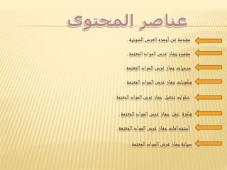 ‫الضوئية‬‫العرض‬‫أجهزه‬‫عن‬ ‫مقدمة‬.
‫مفهوم‬‫المواد‬‫عرض‬ ‫جهاز‬‫المعتمة‬.
‫المعتمة‬‫المواد‬‫عرض‬ ‫جهاز‬‫مسميات‬.
‫مكونات‬‫المواد‬‫عرض‬ ‫جهاز‬‫المعتمة‬.
‫المواد‬‫عرض‬ ‫جهاز‬ ‫تشغيل‬ ‫خطوات‬‫المعت‬‫مة‬.
‫فكرة‬‫المواد‬‫عرض‬ ‫جهاز‬ ‫عمل‬‫المعتمة‬.
‫استخدامات‬‫المواد‬‫عرض‬ ‫جهاز‬‫المعتمة‬.
‫صيانة‬‫المواد‬‫عرض‬ ‫جهاز‬‫المعتمة‬.
 