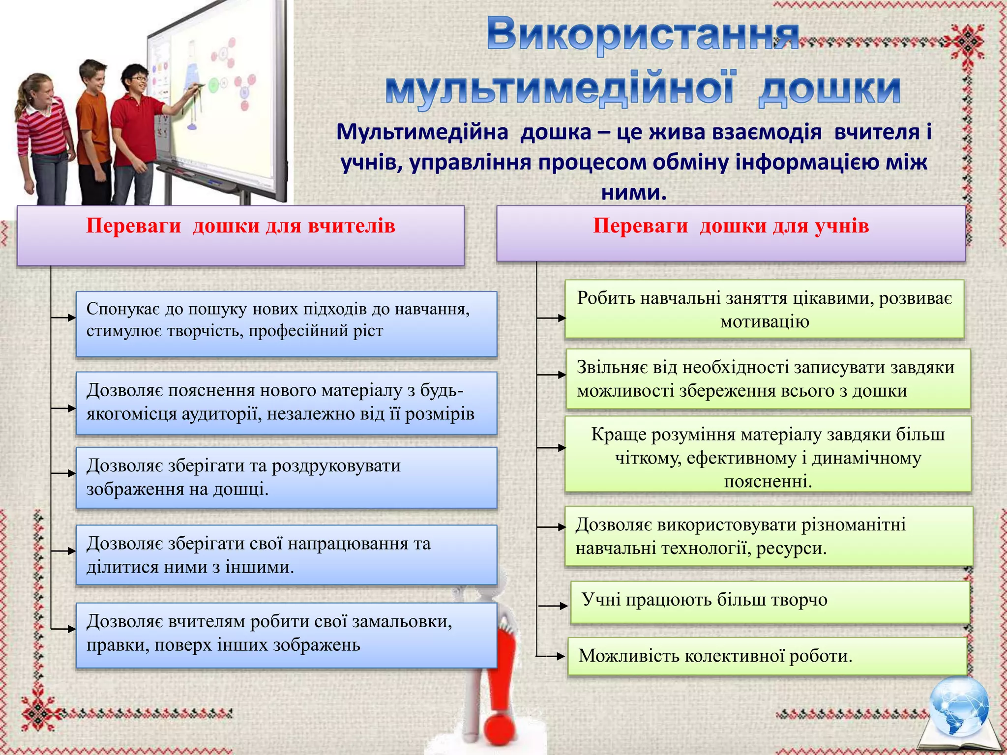 Мультимедійна дошка – це жива взаємодія вчителя і
учнів, управління процесом обміну інформацією між
ними.
Переваги дошки для учнів
Робить навчальні заняття цікавими, розвиває
мотивацію
Звільняє від необхідності записувати завдяки
можливості збереження всього з дошки
Краще розуміння матеріалу завдяки більш
чіткому, ефективному і динамічному
поясненні.
Дозволяє використовувати різноманітні
навчальні технології, ресурси.
Можливість колективної роботи.
Учні працюють більш творчо
Переваги дошки для вчителів
Спонукає до пошуку нових підходів до навчання,
стимулює творчість, професійний ріст
Дозволяє пояснення нового матеріалу з будь-
якогомісця аудиторії, незалежно від її розмірів
Дозволяє зберігати та роздруковувати
зображення на дошці.
Дозволяє зберігати свої напрацювання та
ділитися ними з іншими.
Дозволяє вчителям робити свої замальовки,
правки, поверх інших зображень
 