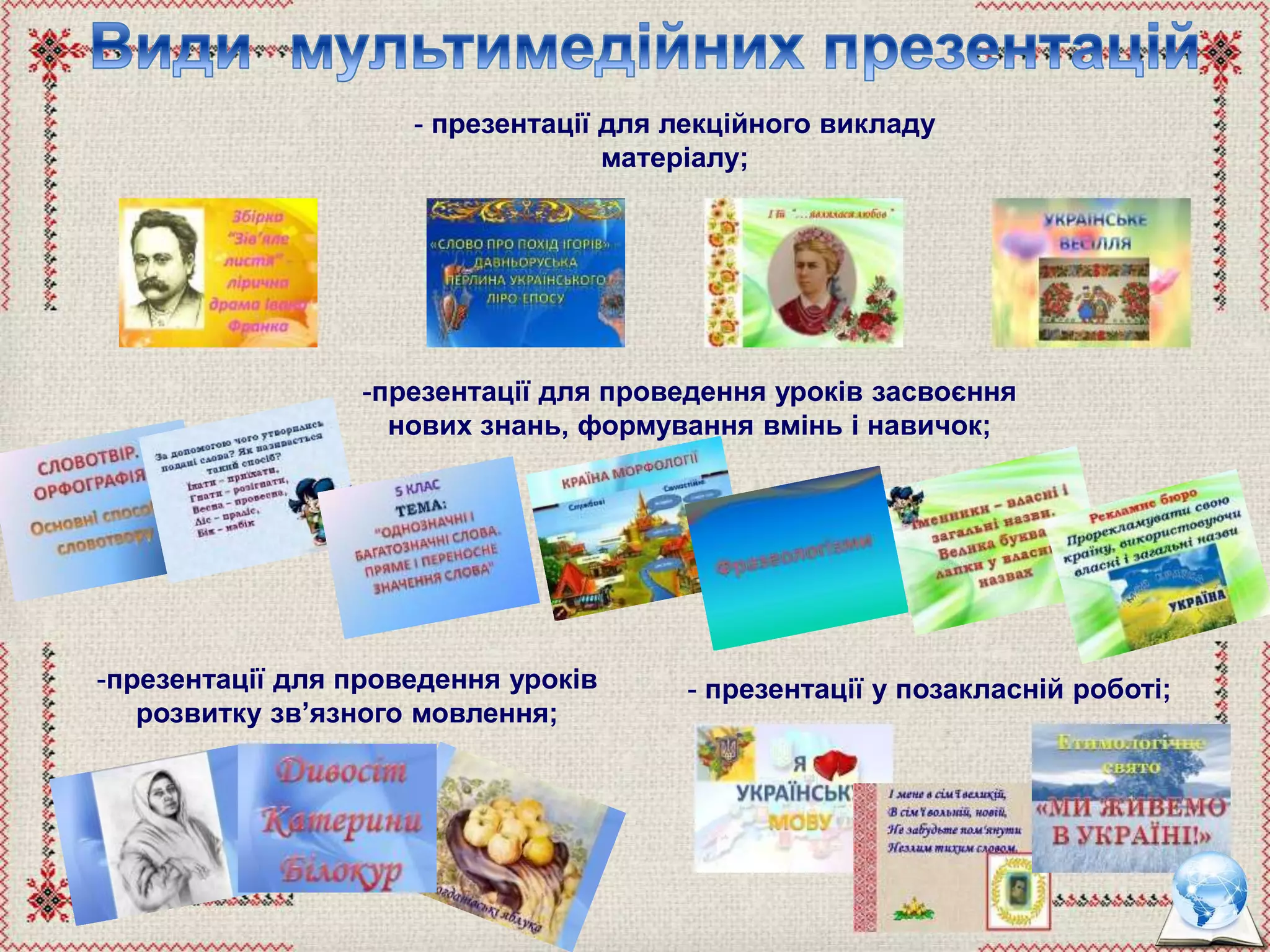 - презентації для лекційного викладу
матеріалу;
- презентації у позакласній роботі;
-презентації для проведення уроків засвоєння
нових знань, формування вмінь і навичок;
-презентації для проведення уроків
розвитку зв’язного мовлення;
 