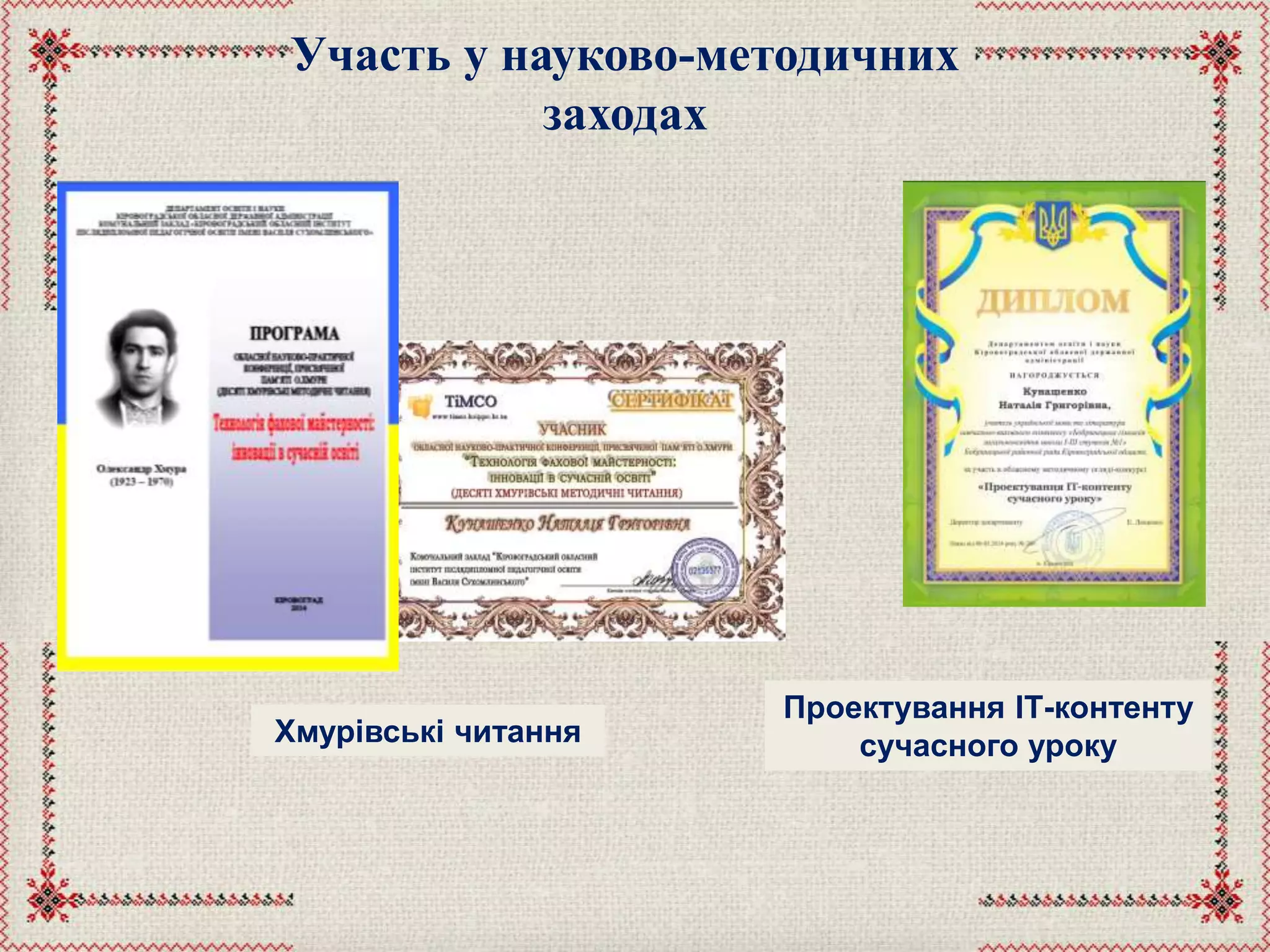 Участь у науково-методичних
заходах
Хмурівські читання
Проектування ІТ-контенту
сучасного уроку
 