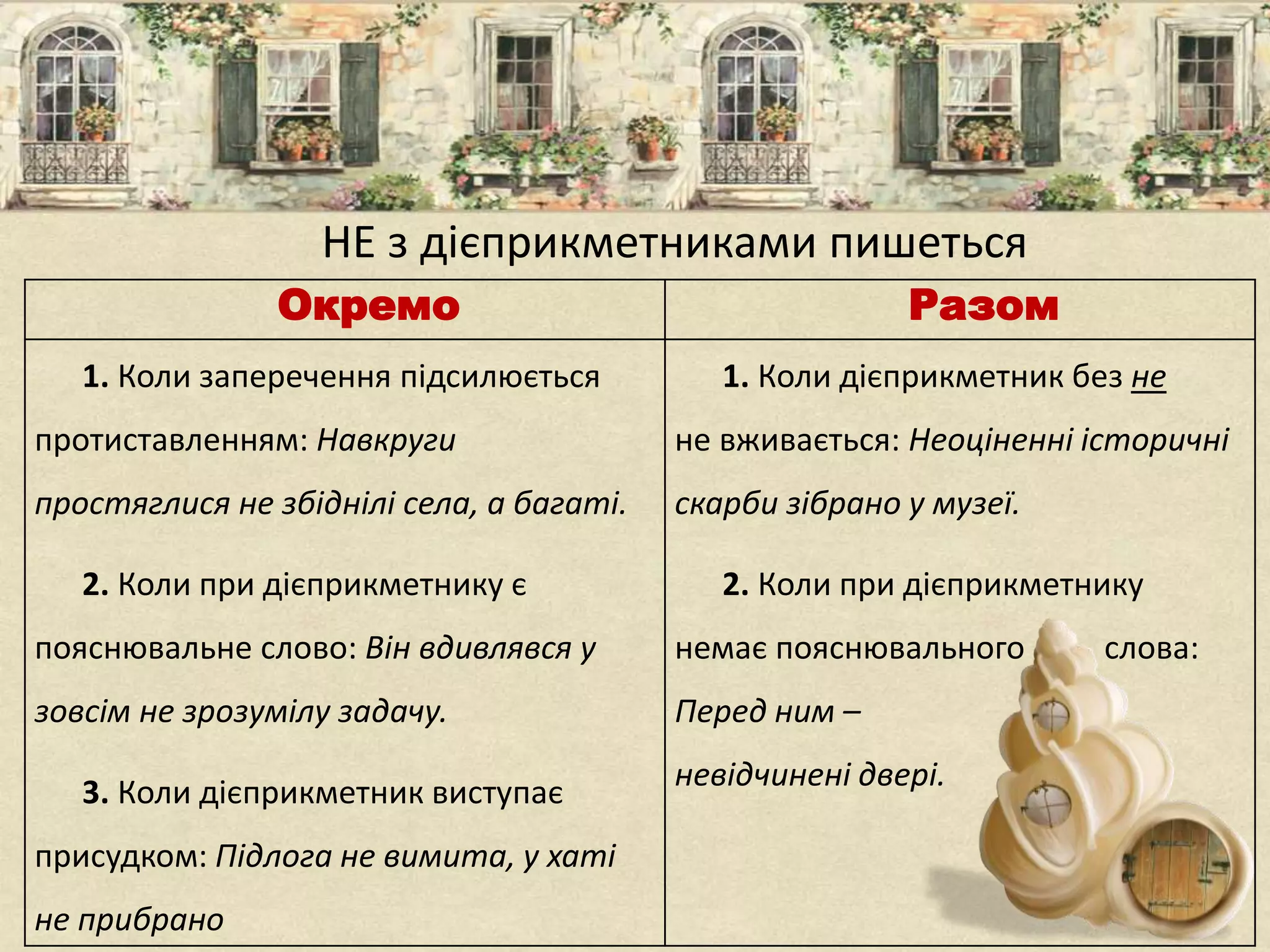 НЕ з дієприкметниками пишеться
Окремо Разом
1. Коли заперечення підсилюється
протиставленням: Навкруги
простяглися не збіднілі села, а багаті.
2. Коли при дієприкметнику є
пояснювальне слово: Він вдивлявся у
зовсім не зрозумілу задачу.
3. Коли дієприкметник виступає
присудком: Підлога не вимита, у хаті
не прибрано
1. Коли дієприкметник без не
не вживається: Неоціненні історичні
скарби зібрано у музеї.
2. Коли при дієприкметнику
немає пояснювального слова:
Перед ним –
невідчинені двері.
 