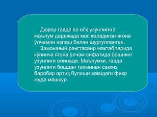 Дюрер гавда ва оёқ узунлигига
маълум даражада мос келадиган ягона
ўлчамни излаш билан шурғулланган.
Замонавий рангтасвир мактабларида
кўпинча ягона ўлчам сифатида бошнинг
узунлиги олинади. Маълумки, гавда
узунлиги бошдан тахминан саккиз
баробар ортиқ булиши хакидаги фикр
жуда машхур.
 