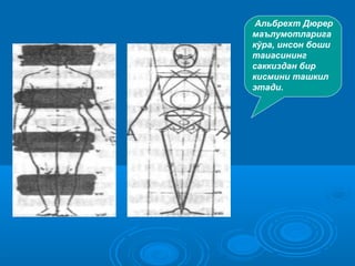 Альбрехт Дюрер
маълумотларига
кўра, инсон боши
таиасининг
саккиздан бир
кисмини ташкил
этади.
 
