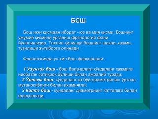 БОШБОШ
Бош икки кисмдан иборат - юз ва мия қисми. БошнингБош икки кисмдан иборат - юз ва мия қисми. Бошнинг
умумий қисмини ўрганиш френология фаниумумий қисмини ўрганиш френология фани
йўналишидир. Тахлил қилишда бошнинг шакли, хажми,йўналишидир. Тахлил қилишда бошнинг шакли, хажми,
тузилиши эътиборга олинади.тузилиши эътиборга олинади.
Френологияда уч хил бош фарқланади:Френологияда уч хил бош фарқланади:
11 УзунчоУзунчоққ бош -бош - бош баландлиги кўндаланг хажмигабош баландлиги кўндаланг хажмига
нисбатан ортиқроқ бўлиши билан ажралиб туради;нисбатан ортиқроқ бўлиши билан ажралиб туради;
22 ЎЎртача бош-ртача бош- кўндаланг ва бўй диаметрининг ўртачакўндаланг ва бўй диаметрининг ўртача
мутаносиблиги билан ахамиятли;мутаносиблиги билан ахамиятли;
33 Калта бошКалта бош - кўндаланг диаметрнинг катталиги билан- кўндаланг диаметрнинг катталиги билан
фарқланади.фарқланади.
 