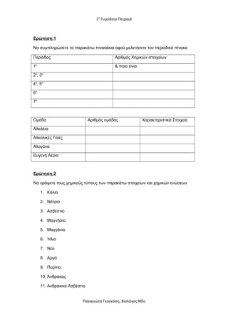 2ο
Γυμνάσιο Πειραιά
Ερώτηση:1
Να συμπληρώσετε τα παρακάτω πινακάκια αφού μελετήσετε τον περιοδικό πίνακα
Περίοδος Αριθμός Χημικών στοιχείων
1η
& ποια είναι
2η
, 3η
4η
, 5η
6η
7η
Ομάδα Αριθμός ομάδας Χαρακτηριστικά Στοιχεία
Αλκάλια
Αλκαλικές Γαίες
Αλογόνα
Ευγενή Αέρια
Ερώτηση:2
Να γράψετε τους χημικούς τύπους των παρακάτω στοιχείων και χημικών ενώσεων
1. Κάλιο
2. Νάτριο
3. Ασβέστιο
4. Μαγνήσιο
5. Μαγγάνιο
6. Ήλιο
7. Νέο
8. Αργό
9. Πυρίτιο
10. Άνθρακας
11. Ανθρακικό Ασβέστιο
Παναγιώτα Γκογκόση, Βιολόγος MSc
 