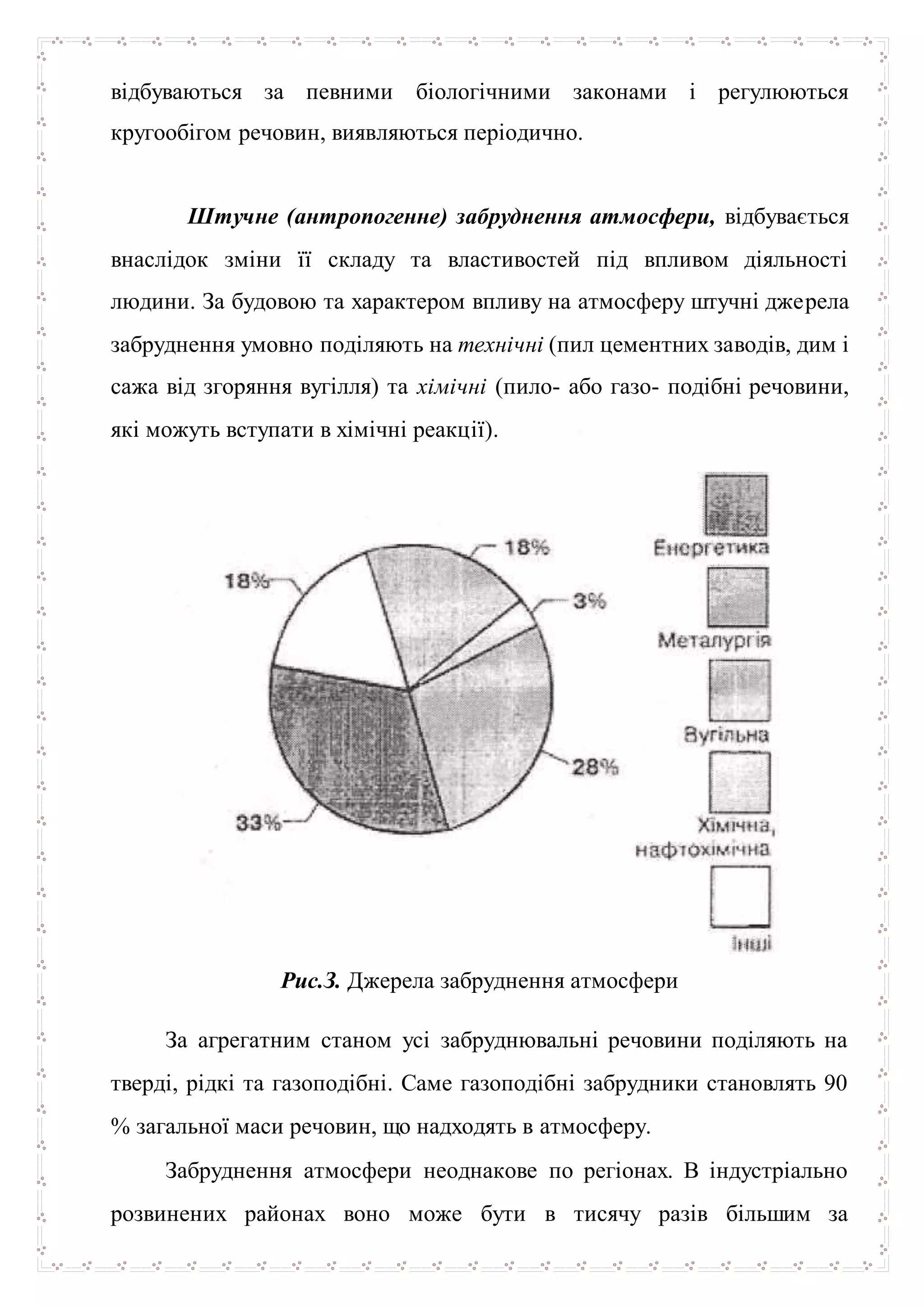 відбуваються за певними біологічними законами і регулюються
кругообігом речовин, виявляються періодично.
Штучне (антропогенне) забруднення атмосфери, відбувається
внаслідок зміни її складу та властивостей під впливом діяльності
людини. За будовою та характером впливу на атмосферу штучні джерела
забруднення умовно поділяють на технічні (пил цементних заводів, дим і
сажа від згоряння вугілля) та хімічні (пило- або газо- подібні речовини,
які можуть вступати в хімічні реакції).
Рис.З. Джерела забруднення атмосфери
За агрегатним станом усі забруднювальні речовини поділяють на
тверді, рідкі та газоподібні. Саме газоподібні забрудники становлять 90
% загальної маси речовин, що надходять в атмосферу.
Забруднення атмосфери неоднакове по регіонах. В індустріально
розвинених районах воно може бути в тисячу разів більшим за
 