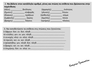 2. Να βάλετε στον κατάλληλο αριθμό, γένος και πτώση τα επίθετα που βρίσκονται στην
παρένθεση:
(ὀξύς) __________ βούλησις (ἀρραγής) __________ ἑνότητος
(ἥμισυς) __________ εἰσφορᾶς (γλυκύς) __________ ὕπνου
(δίκαιος) __________ πράξεων (ἀσθενής) __________ σῶμα
(ἐμφανής) __________ ἔργοις (ἀμελής) __________ τέκνα
(βραχύς) __________ λόγους (τριήρης) __________ πλοίοις
3. Να τοποθετήσετε τα επίθετα στις πτώσεις που ζητούνται:
ὁ ἄφρων: δοτ. εν. δοτ. πληθ………………………………………………………..
τὸ εὐῶδες: γεν. εν. γεν. πληθ………………………………………………………
ὁ συνεχής: κλητ. εν. κλητ. πληθ………………………………………………….
τὸ ἀγενές: αιτ. εν. αιτ. πληθ…………………………………………………………..
ὁ φιλαλήθης: γεν. πληθ. δοτ. πληθ………………………………………………
ὁ βραχύς: αιτ. εν. αιτ. πληθ………………………………………………………..
ὁ ἐπιμήκης: δοτ. εν. κλητ. εν……………………………………………………..
 