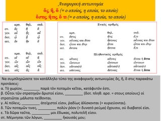 Αναφορική αντωνυμία
ὅς, ἥ, ὅ (= ο οποίος, η οποία, το οποίο)
ὅστις, ἥτις, ὅ τι (= ο οποίος, η οποία, το οποίο)
Να συμπληρώσετε τον κατάλληλο τύπο της αναφορικής αντωνυμίας ὅς, ἥ, ὃ στις παρακάτω
προτάσεις:
α. Τὸ χωρίον, ________ παρὰ τὸν ποταμὸν κεῖται, κατάφυτόν ἐστι.
β. Οὗτοι τῶν στρατηγῶν ἄριστοί εἰσιν, _________ (δοτ. πληθ. αρσ. = στους οποίους) οἱ
στρατιῶται μάλιστα πείθονται.
γ. Αἱ πόλεις, _________ ἀτείχιστοί εἰσιν, ῥαδίως ἁλίσκονται (= κυριεύονται).
δ. Τῶν ποταμῶν τινες, _________ πολὺν ῥόον (= δυνατό ρεύμα) ἔχουσιν, οὐ διαβατοί εἰσι.
ε. Τὰ δῶρα ταῦτα, _________ μοι ἔδωκας, πολυτελῆ εἰσιν.
στ. Μέμνησαι τῶν λόγων, _________ ἤκουσάς μου;
 