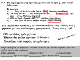 Να μετατρέψετε τις παρακάτω ευκτικές ενεστώτα σε ευκτικές αορίστου στον ίδιο
αριθμό και στο ίδιο πρόσωπο:
οὗτος λατρεύοι ___________, οὗτοι ἱκετεύοιεν ___________, σὺ ἑρμηνεύοις
___________, ἡμεῖς τάττοιμεν ___________, ὑμεῖς θεραπεύοιτε ___________.
 