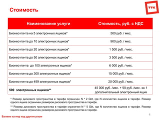 6
Стоимость
Наименование услуги Стоимость, руб. с НДС
Бизнес-почта на 5 электронных ящиков* 500 руб. / мес.
Бизнес-почта до 10 электронных ящиков* 900 руб. / мес.
Бизнес-почта до 20 электронных ящиков* 1 500 руб. / мес.
Бизнес-почта до 50 электронных ящиков* 3 500 руб. / мес.
Бизнес-почта до 100 электронных ящиков* 6 000 руб. / мес.
Бизнес-почта до 300 электронных ящиков* 15 000 руб. / мес.
Бизнес-почта до 499 электронных ящиков* 20 000 руб. / мес.
500 электронных ящиков**
45 000 руб. /мес. + 90 руб. /мес. за 1
дополнительный электронный ящик
* Размер дискового пространства в тарифе ограничен N * 2 Gbt, где N количество ящиков в тарифе. Размер
одного ящика ограничен размером дискового пространства в тарифе.
** Размер дискового пространства в тарифе ограничен N * 5 Gbt, где N количество ящиков в тарифе. Размер
одного ящика ограничен размером дискового пространства в тарифе.
 