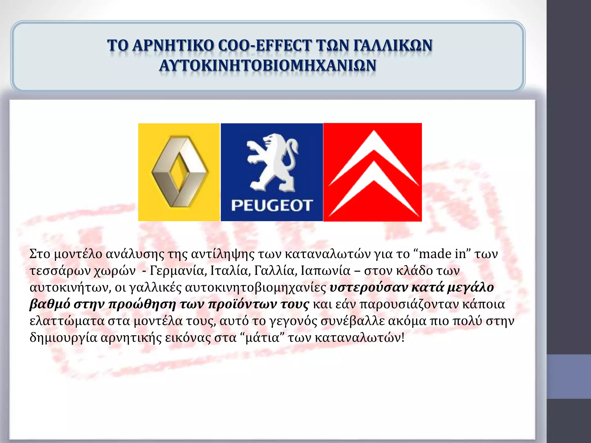 TΟ ΑΡΝΗΤΙΚΟ COO-EFFECT ΤΩΝ ΓΑΛΛΙΚΩΝ
ΑΥΤΟΚΙΝΗΤΟΒΙΟΜΗΧΑΝΙΩΝ
Στο μοντέλο ανάλυσης της αντίληψης των καταναλωτών για το “made in” των
τεσσάρων χωρών - Γερμανία, Ιταλία, Γαλλία, Ιαπωνία – στον κλάδο των
αυτοκινήτων, οι γαλλικές αυτοκινητοβιομηχανίες υστερούσαν κατά μεγάλο
βαθμό στην προώθηση των προϊόντων τους και εάν παρουσιάζονταν κάποια
ελαττώματα στα μοντέλα τους, αυτό το γεγονός συνέβαλλε ακόμα πιο πολύ στην
δημιουργία αρνητικής εικόνας στα “μάτια” των καταναλωτών!
 
