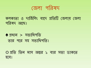কজ া পতরষদ
ে োো ও দাতজি ত ং ব্াতদ প্রতেটি কজ ায় কজ া
পতরষদ আতছ।
♣ প্রধান > সভাতধপতে
োর পতর সহ সভাতধপতে।
☼ প্রতে তেন মাস অন্তর ১ ব্ার সভা োেতে
হতব্।
 