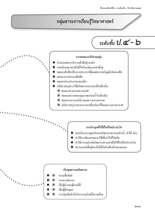 ชั้นประถมศึกษาปีที่ ๔  ภาคเรียนที่ ๑  ปีการศึกษา ๒๕๕๗
233
ระดับชั้น ป.๔-๖
การประยุกต์ไปใช้ในชีวิตประจำ�วัน
♠	 เสนอโครงการดูแลรักษาทรัพยากรธรรมชาติ (นํ้า, ป่าไม้, ดิน)
♠	 นำ�วิธีการคัดแยกขยะมาใช้เพื่อนำ�ไปรีไซเคิล
♠	 นำ�วิธีการอนุรักษ์ทรัพยากรธรรมชาติไปใช้ในชีวิตประจำ�วัน
♠	 ทราบแหล่งที่อยู่ของสิ่งมีชีวิตในท้องถิ่นของตนเอง
การทดลอง/อภิปรายกลุ่ม
♠	 นำ�เสนอผลการสำ�รวจสิ่งที่อยู่รอบตัว
♠	 บอกลักษณะของสิ่งมีชีวิตในแต่ละแหล่งที่อยู่
♠	 ทดลองสิ่งที่จำ�เป็นบางประการที่มีผลต่อการเจริญเติบโตของพืช
♠	 ทดลองการเพาะเมล็ดพืช
♠	 ทดลองส่วนประกอบของดิน
♠	 อภิปรายสรุปการใช้ทรัพยากรธรรมชาติในท้องถิ่น
	 ❀	 ทดลองสวนขวดธรรมชาติ
	 ❀	 ทดลองตรวจสอบคุณภาพแหล่งนํ้าในท้องถิ่น
	 ❀	 ทดลอง/ตรวจ/อภิปรายมลภาวะทางอากาศ
	 ❀	 อภิปรายสรุป เสนอแนวทางป้องกันแก้ไขมลภาวะทางอากาศ
กลุ่มสาระการเรียนรู้วิทยาศาสตร์
เน้นคุณธรรมจริยธรรม
♠	 ❀	 ความซื่อสัตย์
♠	 ❀	 การตรงต่อเวลา
♠	 ❀	 เป็นผู้นำ�และผู้ตามที่ดี
♠	 ❀	 เป็นผู้มีเหตุผล
♠	 ❀	 การปลูกจิตสำ�นึกในการอนุรักษ์สิ่งแวดล้อม
 
