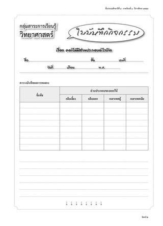 ชั้นประถมศึกษาปีที่ ๔  ภาคเรียนที่ ๑  ปีการศึกษา ๒๕๕๗
281
ตารางบันทึกผลการทดลอง
ชื่อพืช
ส่วนประกอบของดอกไม้
กลีบเลี้ยง กลีบดอก เกสรเพศผู้ เกสรเพศเมีย
w w w w w w w w
กลุ่มสาระการเรียนรู้
วิทยาศาสตร์
เรื่อง ดอกไม้มีส่วนประกอบอะไรบ้าง
ชื่อ..................................................................................................................ชั้น............................................เลขที่.................................
วันที่.........................เดือน............................................พ.ศ.............................
ใบบันทึกกิจกรรม
 