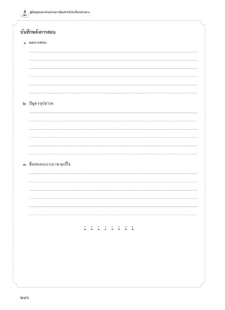 คู่มือครูสอนทางไกลผ่านดาวเทียมสำ�หรับโรงเรียนปลายทาง
286
บันทึกหลังการสอน
	 ๑.	 ผลการสอน
		..............................................................................................................................................................................................................................................................................
	 	 ..............................................................................................................................................................................................................................................................................
		..............................................................................................................................................................................................................................................................................
		..............................................................................................................................................................................................................................................................................
	 	 ..............................................................................................................................................................................................................................................................................
	 	 ..............................................................................................................................................................................................................................................................................
	 ๒.	 ปัญหา/อุปสรรค
		..............................................................................................................................................................................................................................................................................
	 	 ..............................................................................................................................................................................................................................................................................
		..............................................................................................................................................................................................................................................................................
		..............................................................................................................................................................................................................................................................................
	 	 ..............................................................................................................................................................................................................................................................................
	 	 ..............................................................................................................................................................................................................................................................................
	 ๓.	 ข้อเสนอแนะ/แนวทางแก้ไข
		..............................................................................................................................................................................................................................................................................
	 	 ..............................................................................................................................................................................................................................................................................
		..............................................................................................................................................................................................................................................................................
		..............................................................................................................................................................................................................................................................................
	 	 ..............................................................................................................................................................................................................................................................................
	 	 ..............................................................................................................................................................................................................................................................................
w w w w w w w w
 