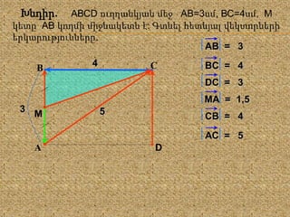 С
А
В
D
4
3
АВ = 3
ВC = 4
DС = 3
MА = 1,5
СВ = 4
АС =
5
5
M
Խնդիր. АВСD ուղղանկյան մեջ АВ=3սմ, ВС=4սմ, М
կետը АВ կողմի միջնակետն է: Գտնել հետևյալ վեկտորների
երկարությունները՚.
 