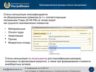 IV конференция по 1C:ERP 2.0
Санкт-Петербург, ул. Лодейнопольская, д. 5, Конгрессный Центр «ПетроКонгресс»
28erp@ultraunion.ru
Производственные расходы (статьи калькуляции)
Статьи калькуляции классифицируется
по общепризнанным правилам (в т.ч. соответствующим
положениям Главы 25 НК РФ) по типам затрат
как сущности экономических элементов:
• Материальные
• Оплата труда
• Амортизация
• Прочее
• Возвратные отходы
Статьи калькуляции не используются для классификации расходов,
относимых на финансовый результат, а также при формировании стоимости
внеоборотных активов.
 