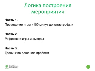 Часть 1.
Проведение игры «100 минут до катастрофы»
Часть 2.
Рефлексия игры и выводы
Часть 3.
Тренинг по решению проблем
Логика построения
мероприятия
 