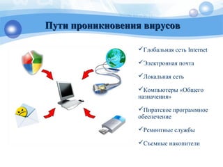 Пути проникновения вирусовПути проникновения вирусов
Глобальная сеть Internet
Электронная почта
Локальная сеть
Компьютеры «Общего
назначения»
Пиратское программное
обеспечение
Ремонтные службы
Съемные накопители
 