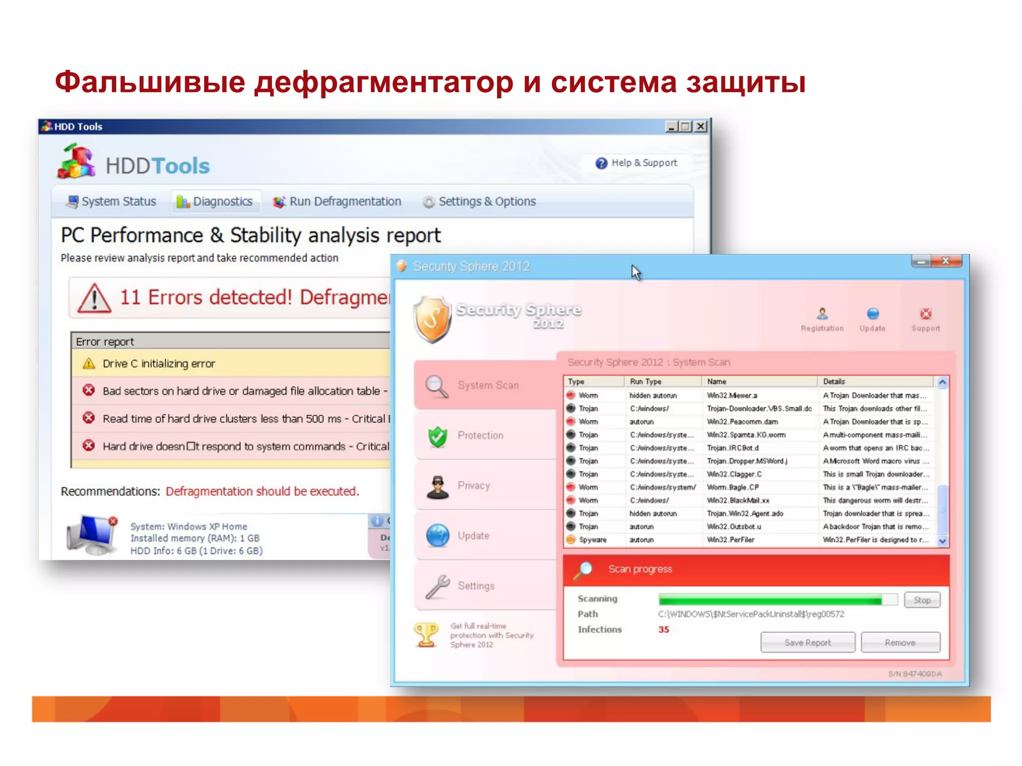 Фальшивые дефрагментатор и система защиты
 
