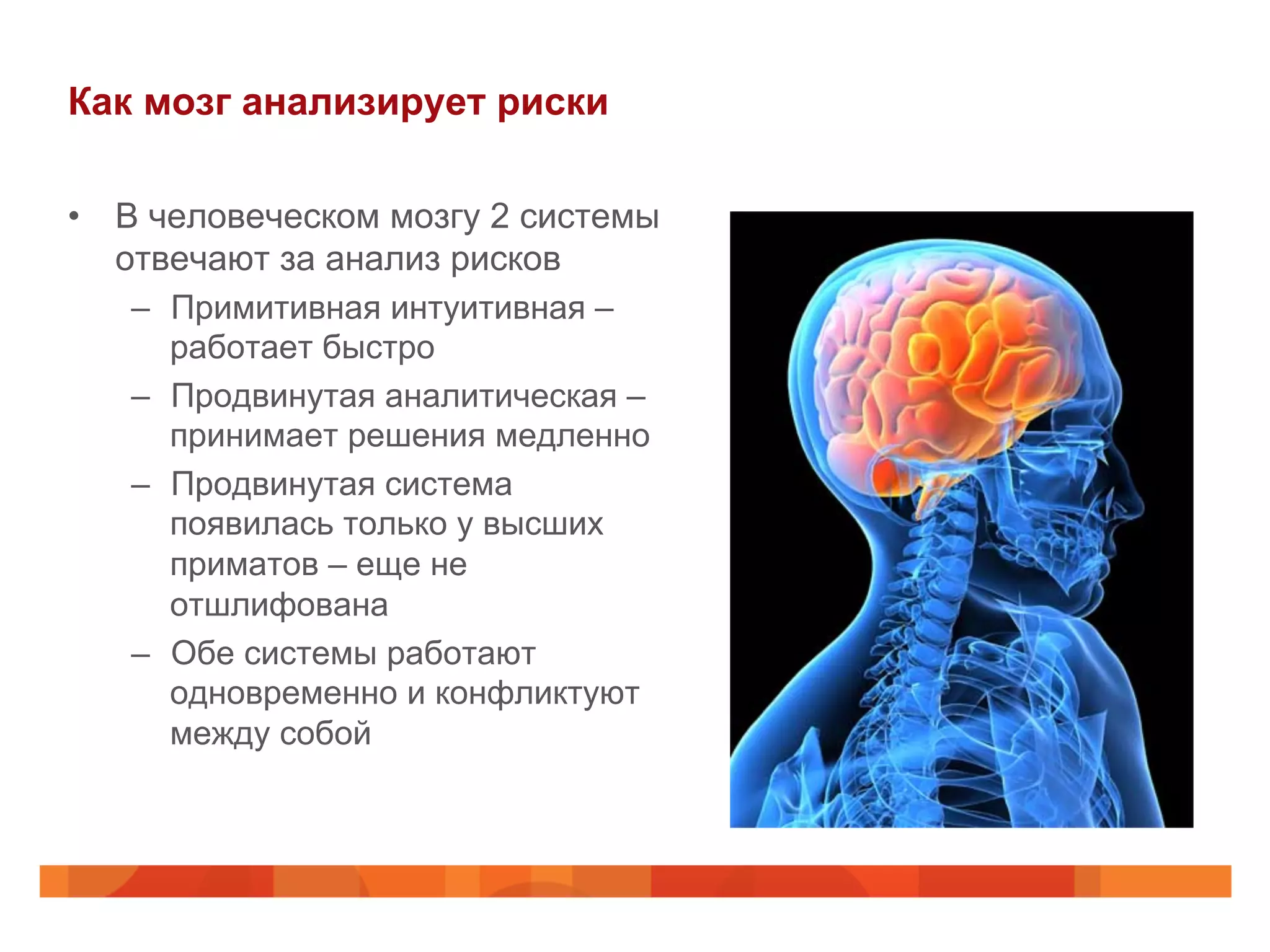 Как мозг анализирует риски
•  В человеческом мозгу 2 системы
отвечают за анализ рисков
–  Примитивная интуитивная –
работает быстро
–  Продвинутая аналитическая –
принимает решения медленно
–  Продвинутая система
появилась только у высших
приматов – еще не
отшлифована
–  Обе системы работают
одновременно и конфликтуют
между собой
 