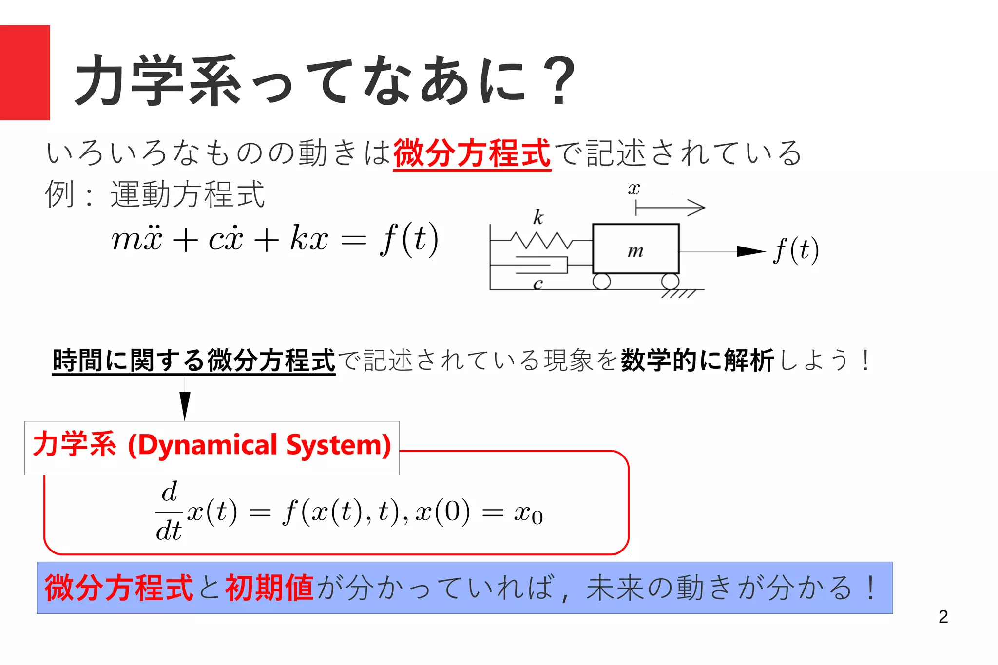 2
力学系ってなあに？
いろいろなものの動きは微分方程式で記述されている
例 : 運動方程式
時間に関する微分方程式で記述されている現象を数学的に解析しよう！
力学系 (Dynamical System)
微分方程式と初期値が分かっていれば , 未来の動きが分かる！
 