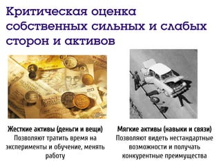 Критическая оценка
собственных сильных и слабых
сторон и активов
Жесткие активы (деньги и вещи)
Позволяют тратить время на
эксперименты и обучение, менять
работу
Мягкие активы (навыки и связи)
Позволяют видеть нестандартные
возможности и получать
конкурентные преимущества
 