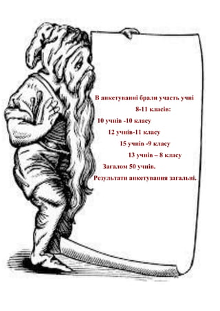В анкетуванні брали участь учні
8-11 класів:
10 учнів -10 класу
12 учнів-11 класу
15 учнів -9 класу
13 учнів – 8 класу
Загалом 50 учнів.
Результати анкетування загальні.
 