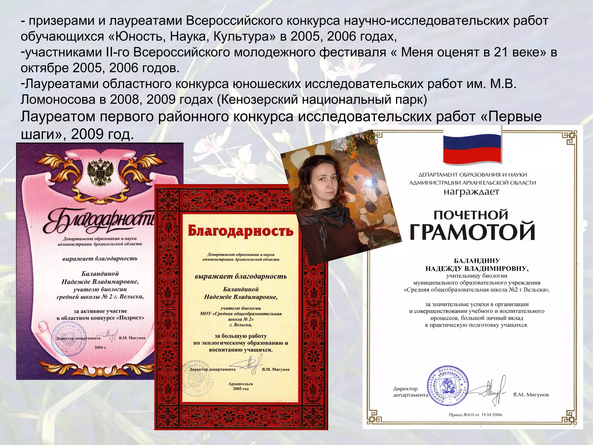 - призерами и лауреатами Всероссийского конкурса научно-исследовательских работ
обучающихся «Юность, Наука, Культура» в 2005, 2006 годах,
-участниками II-го Всероссийского молодежного фестиваля « Меня оценят в 21 веке» в
октябре 2005, 2006 годов.
-Лауреатами областного конкурса юношеских исследовательских работ им. М.В.
Ломоносова в 2008, 2009 годах (Кенозерский национальный парк)
Лауреатом первого районного конкурса исследовательских работ «Первые
шаги», 2009 год.
 