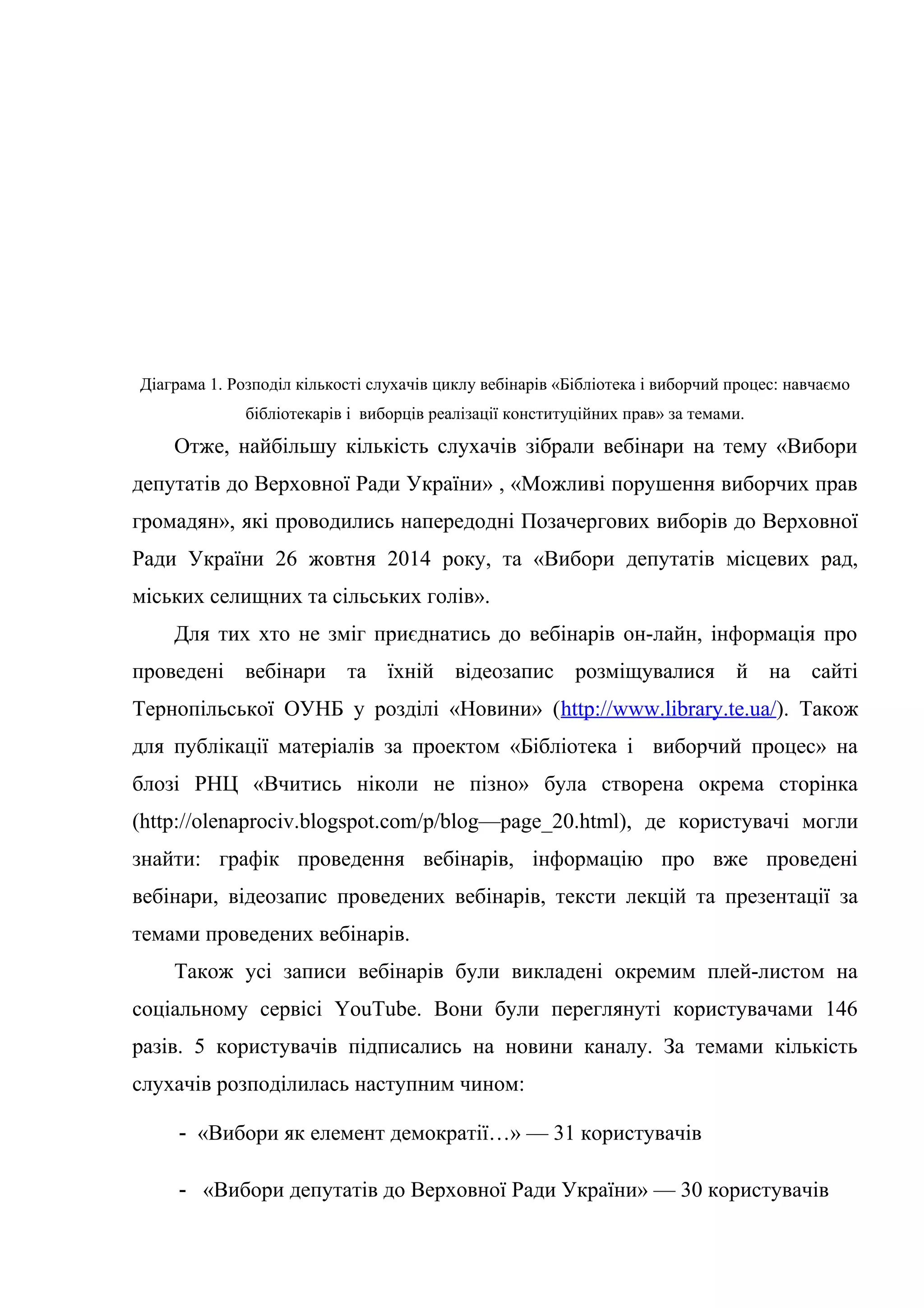 Діаграма 1. Розподіл кількості слухачів циклу вебінарів «Бібліотека і виборчий процес: навчаємо
бібліотекарів і виборців реалізації конституційних прав» за темами.
Отже, найбільшу кількість слухачів зібрали вебінари на тему «Вибори
депутатів до Верховної Ради України» , «Можливі порушення виборчих прав
громадян», які проводились напередодні Позачергових виборів до Верховної
Ради України 26 жовтня 2014 року, та «Вибори депутатів місцевих рад,
міських селищних та сільських голів».
Для тих хто не зміг приєднатись до вебінарів он-лайн, інформація про
проведені вебінари та їхній відеозапис розміщувалися й на сайті
Тернопільської ОУНБ у розділі «Новини» (http://www.library.te.ua/). Також
для публікації матеріалів за проектом «Бібліотека і виборчий процес» на
блозі РНЦ «Вчитись ніколи не пізно» була створена окрема сторінка
(http://olenaprociv.blogspot.com/p/blog—page_20.html), де користувачі могли
знайти: графік проведення вебінарів, інформацію про вже проведені
вебінари, відеозапис проведених вебінарів, тексти лекцій та презентації за
темами проведених вебінарів.
Також усі записи вебінарів були викладені окремим плей-листом на
соціальному сервісі YouTube. Вони були переглянуті користувачами 146
разів. 5 користувачів підписались на новини каналу. За темами кількість
слухачів розподілилась наступним чином:
- «Вибори як елемент демократії…» — 31 користувачів
- «Вибори депутатів до Верховної Ради України» — 30 користувачів
 