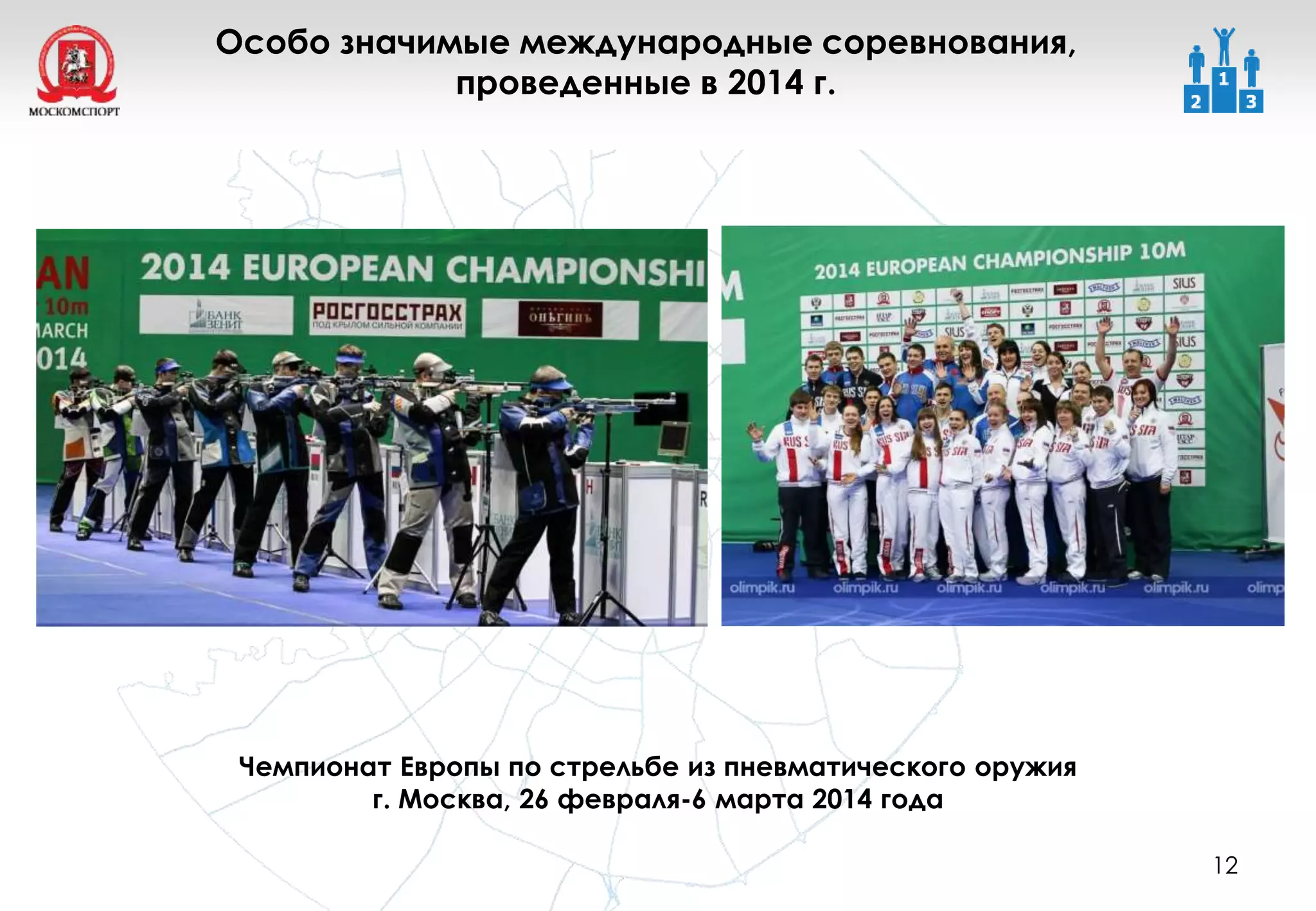 12
Чемпионат Европы по стрельбе из пневматического оружия
г. Москва, 26 февраля-6 марта 2014 года
Особо значимые международные соревнования,
проведенные в 2014 г.
 