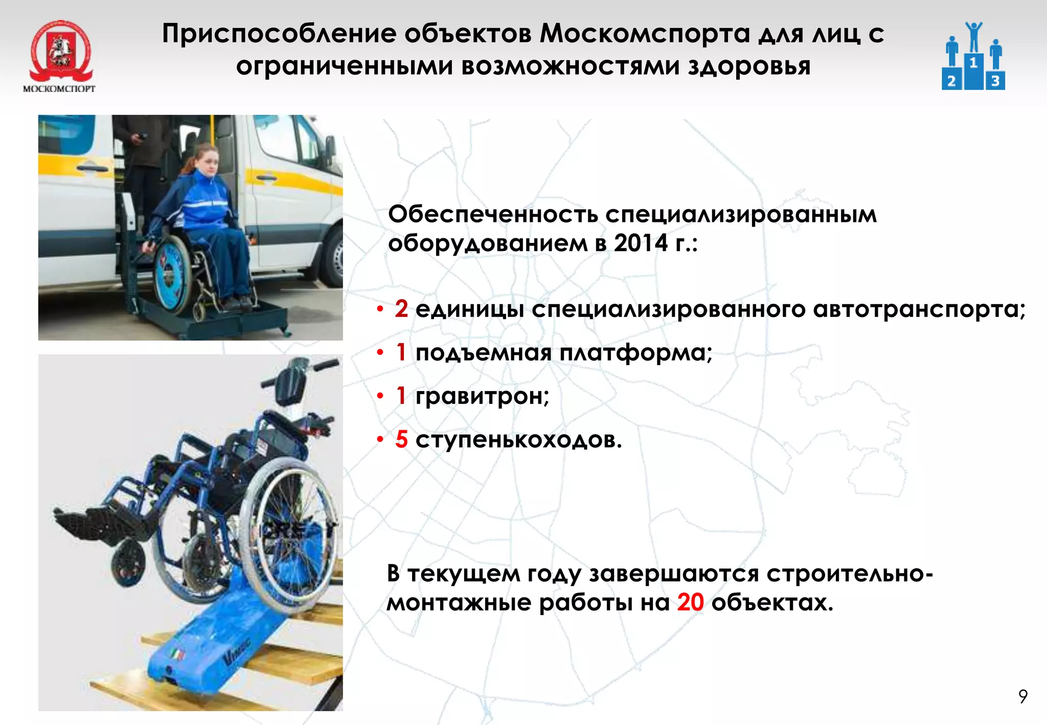 Обеспеченность специализированным
оборудованием в 2014 г.:
Приспособление объектов Москомспорта для лиц с
ограниченными возможностями здоровья
• 2 единицы специализированного автотранспорта;
• 1 подъемная платформа;
• 1 гравитрон;
• 5 ступенькоходов.
9
В текущем году завершаются строительно-
монтажные работы на 20 объектах.
 